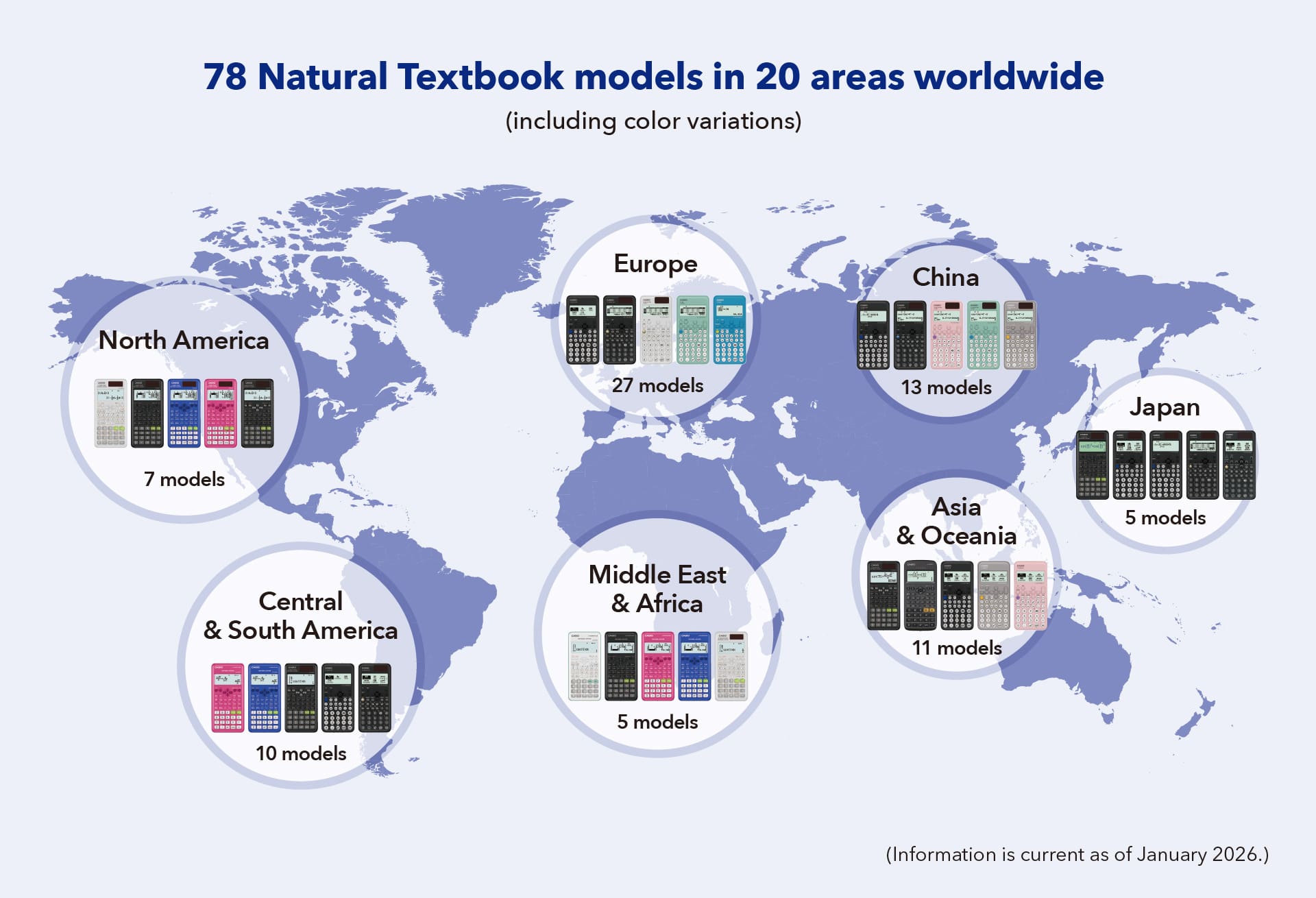 Illustration showing multiple scientific calculator models offered by region to align with local curricula.