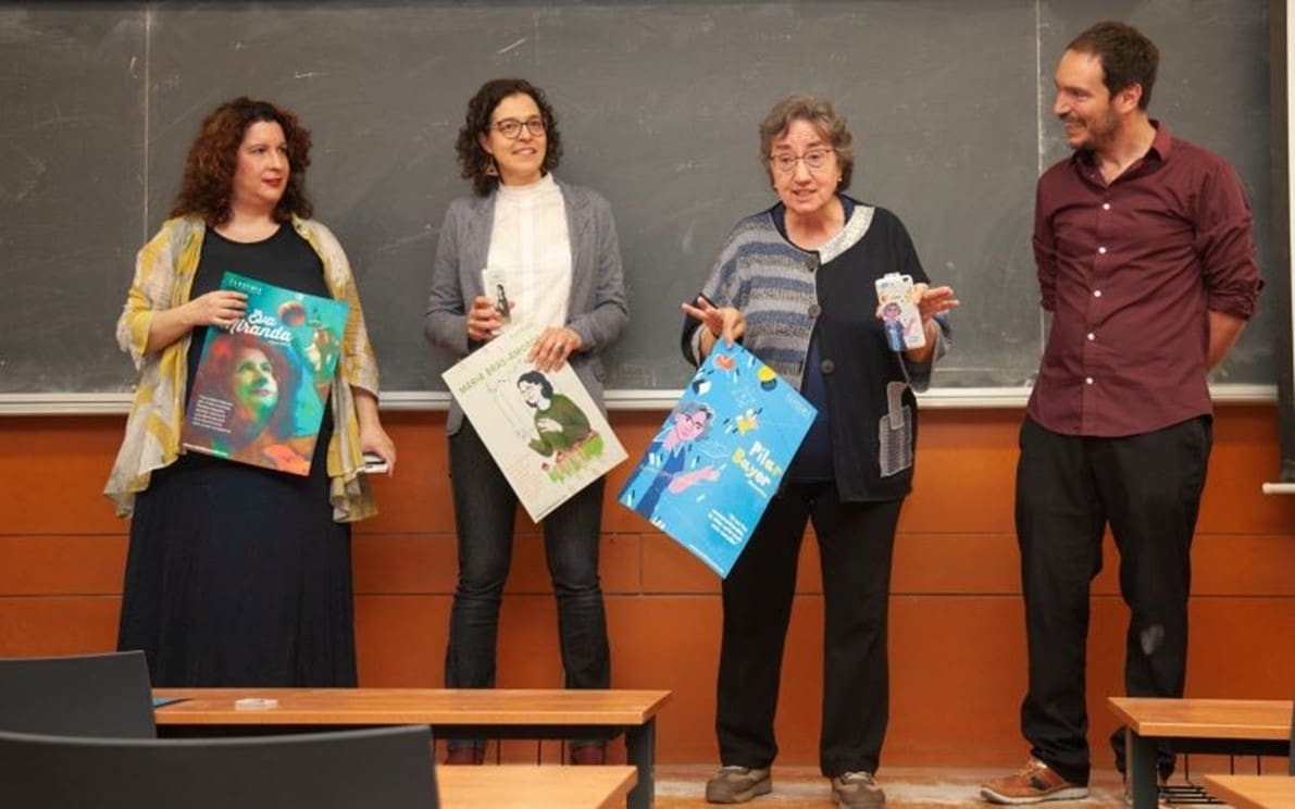 With scientists holding their own illustrated scientific calculators and posters