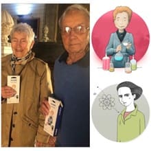 The use of Madame Curie (upper illustration) and her daughter, Irène (lower illustration), also a scientist, were made possible with the approval of Madame Curie's granddaughters.