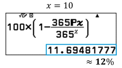 Calculating the probability of shared birthdays for groups of 10, 20, and 30.