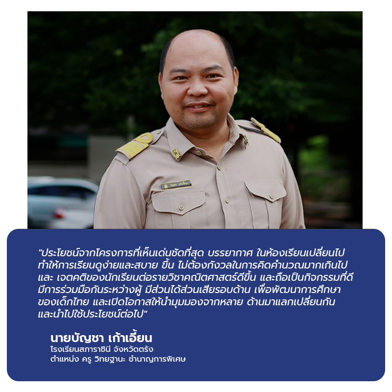 The most visible benefit of the project is a positive change in classroom atmosphere, making learning easier and more relaxed. Students worry less about complex calculations, develop a more positive attitude toward Mathematics, and benefit from a collaborative initiative that brings together multiple stakeholders to improve Thai education through shared perspectives and practical application.